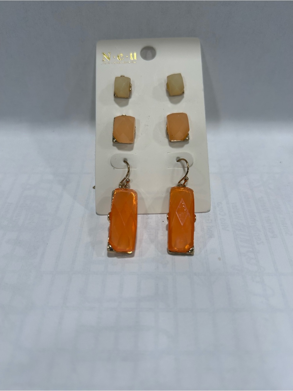Orange Rectangular Drop and Stud Earring Set